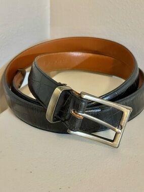 TRAFALGAR Black Leather Belt Silver Buckle Size 44 110cm Made in USA Cortina